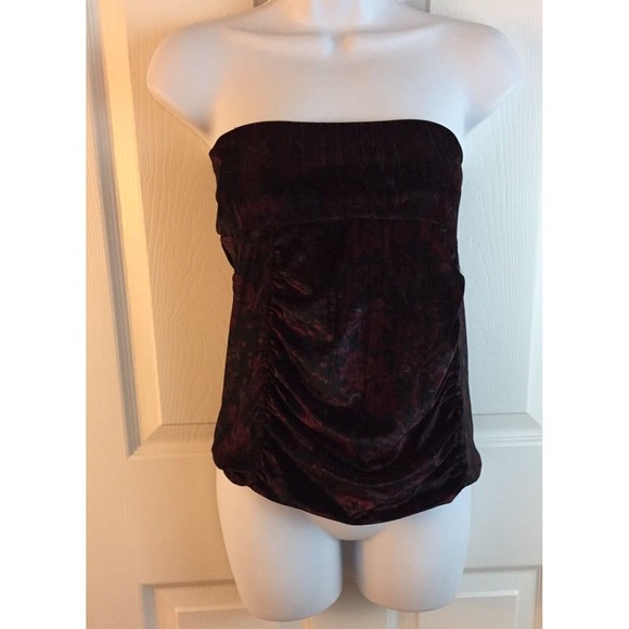 FREE PEOPLE Velvet Sleeveless Tube Top Small Velour Ruched Burgundy Black - Picture 1 of 8